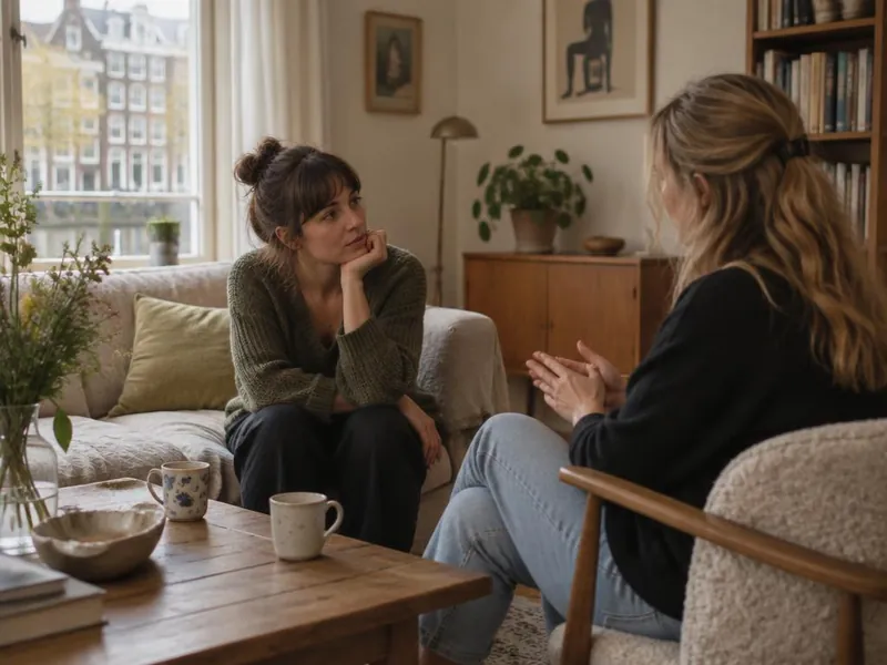 Coachgesprek aan een houten tafel bij daglicht
