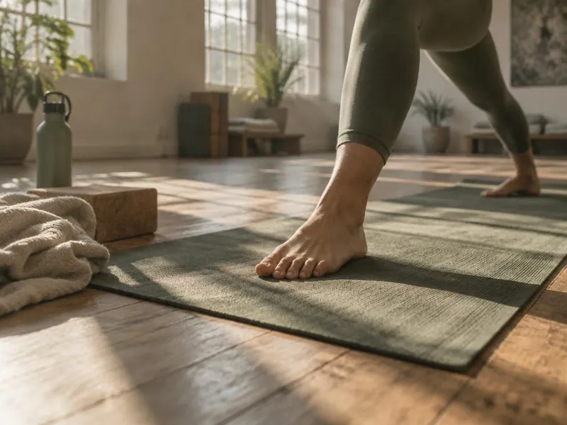 Rustige yogapraktijk op een mat bij een groot raam